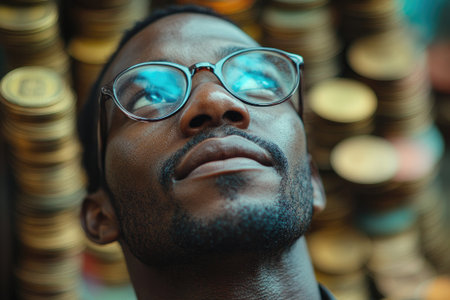 Close-up of a young black man wearing glasses, his face illuminated by a hopeful expression as he gazes upwardの素材