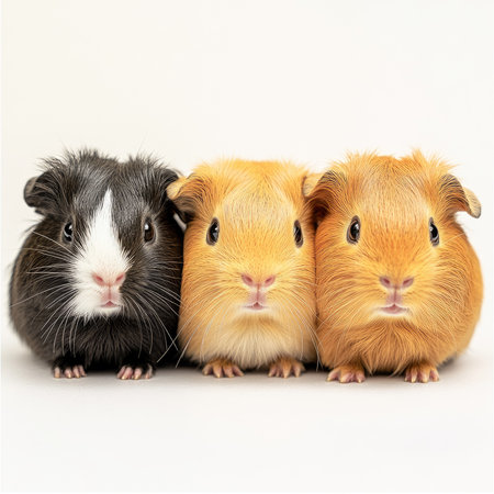 Three guinea pigs are sitting next to each other on a white backgroundの素材