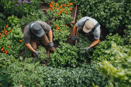 Two farmers harvesting fresh organic vegetables in a garden viewed from aboveの素材