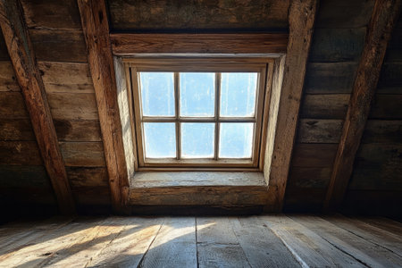 Sunlight is beaming through a window in a dusty wooden attic and illuminating the wooden floor belowの素材