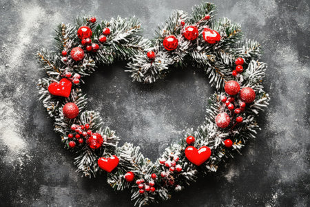Christmas heart shaped wreath decorated with red baubles and berries lying on dark backgroundの素材
