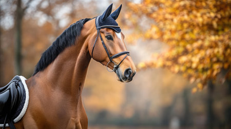 Beautiful chestnut horse wearing riding tack is posing in a park with golden autumn foliageの素材