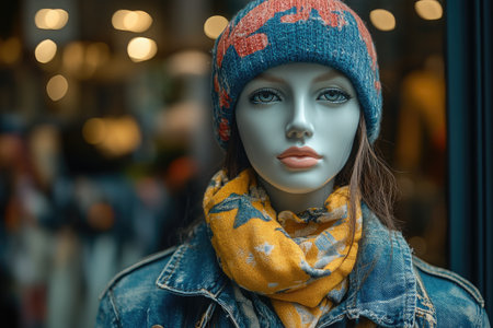 Female mannequin is modeling a winter outfit with a warm hat and scarfの素材