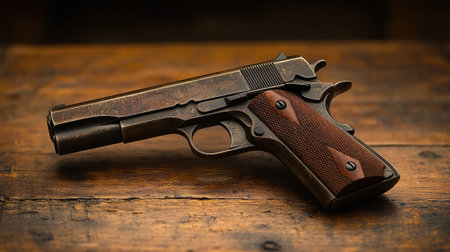 Vintage colt semi-automatic pistol laying on a wooden tableの素材