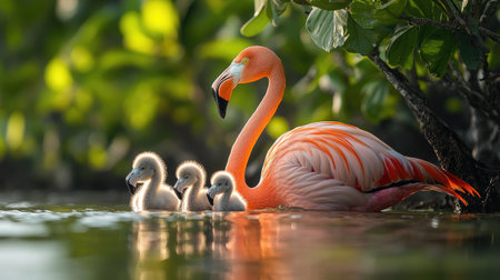 American flamingo is sitting on its nest, protecting its chicks in a lush green environmentの素材