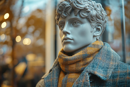 Mannequin wearing a scarf and a coat, standing in the window of a clothing storeの素材
