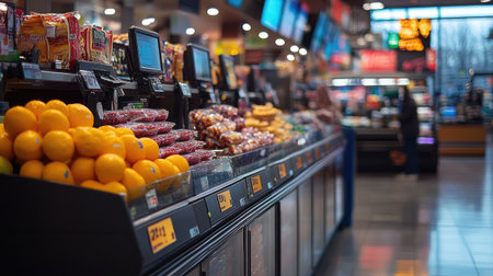 Modern supermarket interior with self-service cash registers illuminated by blue lightの素材