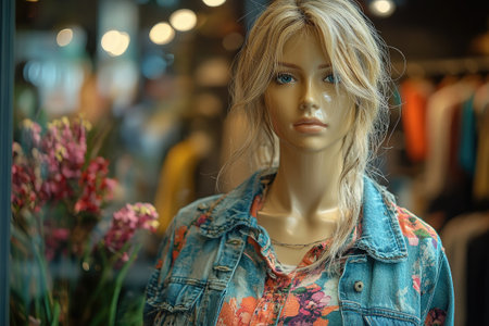 Blonde female mannequin is wearing a denim jacket and floral print top in a retail store window displayの素材