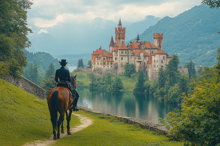 Horseman is enjoying a scenic view of trakoscan castle while riding on a sunny dayの素材