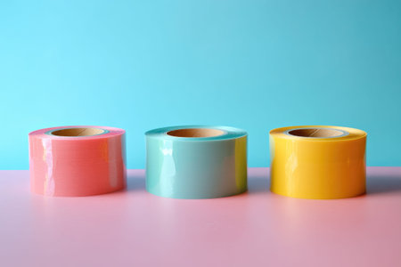 Three colorful rolls of transparent plastic film standing on a pink surface against a blue backgroundの素材