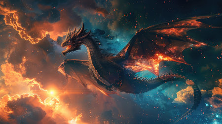 Realistic Dragon with outstretched wings flying in the sky with space nebulaの素材