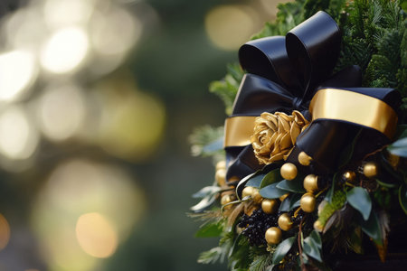 Funeral wreath with black gold ribbon and coffin on blurred backgroundの素材