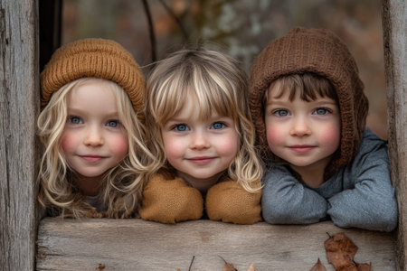 Three young children with colorful woolen caps leaning on a wooden fence and smilingの素材