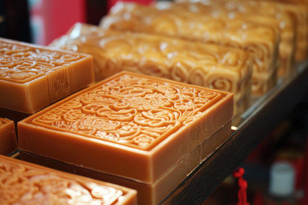 Close up of a stack of square shaped chinese rice cakes on display at a street food market in chinaの素材