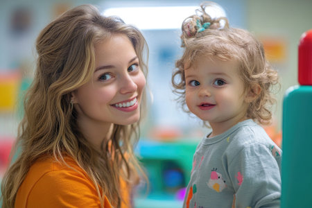 Portrait of a kindergarten teacher smiling with a baby girl in her arms in a daycare centerの素材