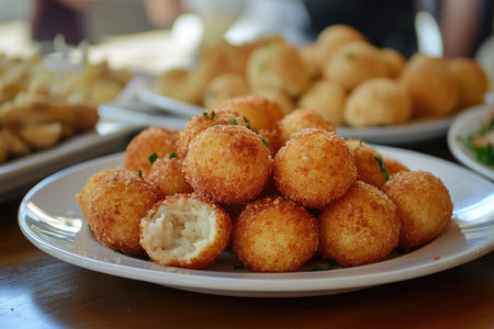 Plate of arancini rice balls sits on a table, ready to be served at a party or catered eventの素材