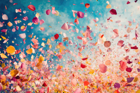 Colorful cloud of flower petals is filling the air with beauty and joyの素材