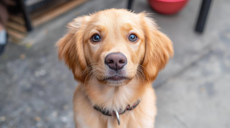 Golden retriever puppy dog sitting and waiting patientlyの素材