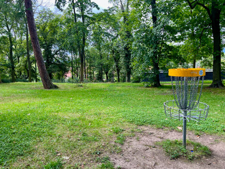 Disk Golf basket in the Park Letna, Teplice.のeditorial素材