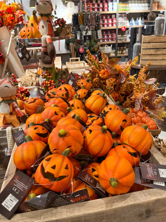 USTI NAD LABEM, CZECH REPUBLIC - 03.10.2022: Halloween candle holder decorations in the store.のeditorial素材