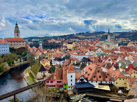 Old town view from Cesky Krumlov castle in the day. Amazing sky with cloudsの写真素材