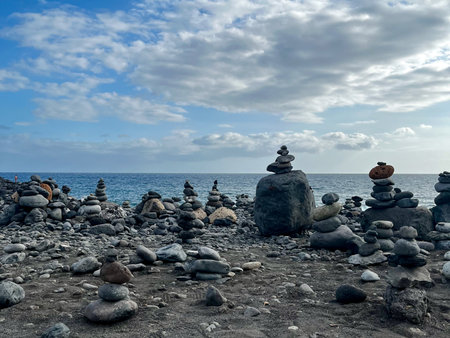 Stone figures on a beach with a beautiful sky in Tenerife. Canarian Island. Balance and serenity