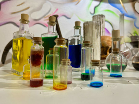 Beautiful glass bottles colorful liquids. Liquids are similar to perfumes or medicines like serums.の写真素材