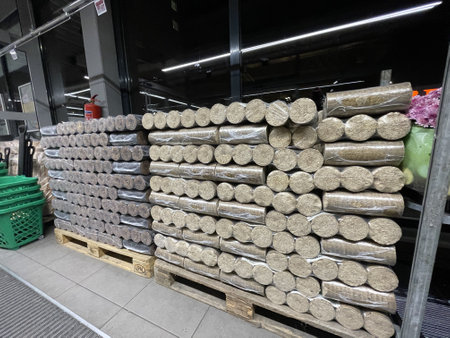 Wood briquettes for heating, packed in plastic filmの写真素材