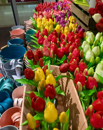 Very realistic plastic tulips in the store. The feeling of spring. Bright and beautiful flowersの写真素材