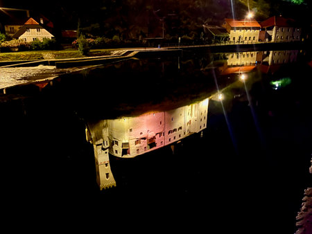 Rozmberk nad Vltavou, Czech Republic. Night view of the castle. Magical reflection in the riverの写真素材