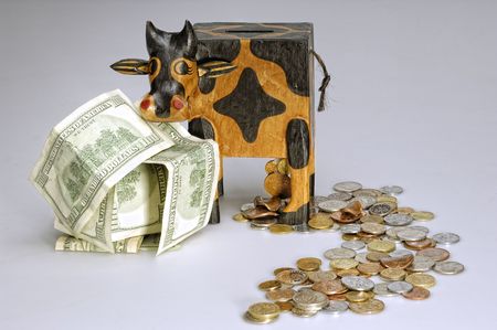 money  box in shape of cow  with bank notes and coins aroundの写真素材