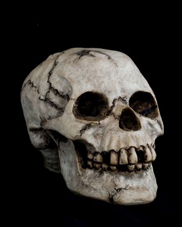 An old human skull in in 3/4 profile against black background