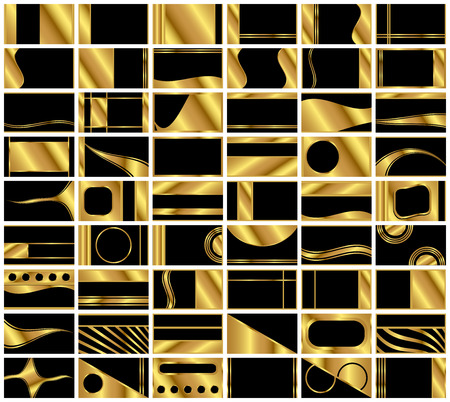 A collection of 54 very elegant business card backgrounds in black and gold. Formatted in standard business card 1.75 aspect ratio.のイラスト素材