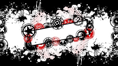 A vector background design with red and black color scheme and standard wide-screen aspect ratio in grunge illustration style with a central splatter banner graphic and space for your copy.のイラスト素材