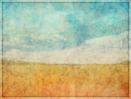 Illustration of a highly faded and worn, background texture with overlayed landscape like drawn scene.の写真素材