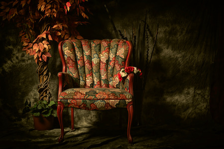 An empty, antique patterned chair shot in a chiaroscuro lighting style sitting next to artificial plant.の写真素材