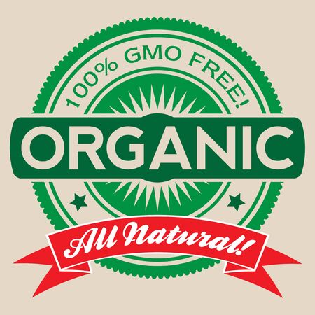 Isolated vector label illustration reading '100% GMO Free', Organic, and 'All Natural'.のイラスト素材
