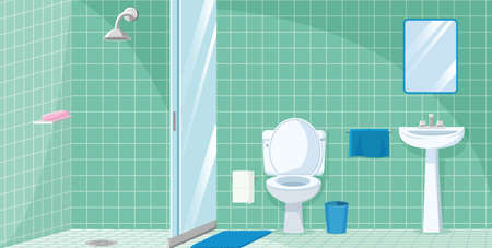 bathroom with shower, sink and toiletのイラスト素材