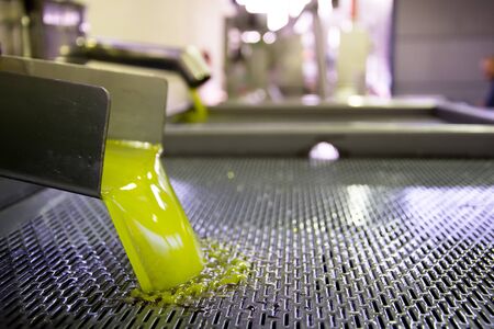 Fresh virgin olive oil production at a cold-press factory after the olive harvesting, Crete, Greece.の写真素材