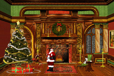 Santa Claus admires the decorated Christmas treeの写真素材