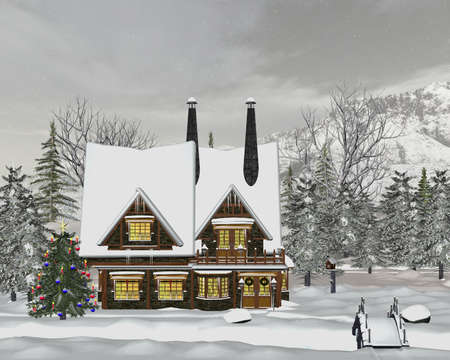 a beautiful snowy landscape with a Christmas treeの写真素材
