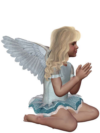 A little angel kneels and prays - isolated on whiteの写真素材