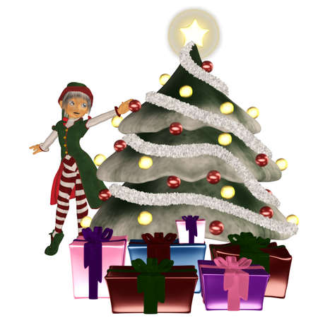a christmaself decorates a Christmas tree - isolated on whiteの写真素材