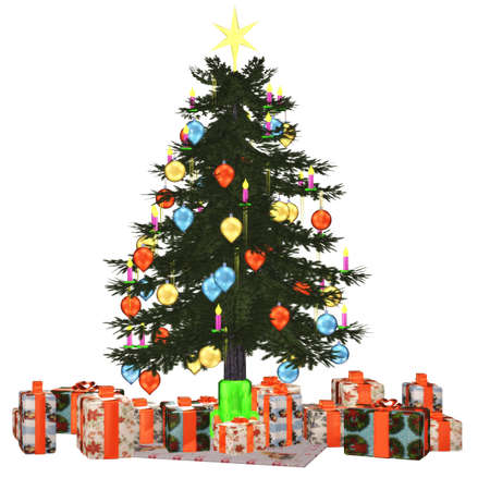 a beautiful Christmas tree with gifts - isolated on whiteの写真素材
