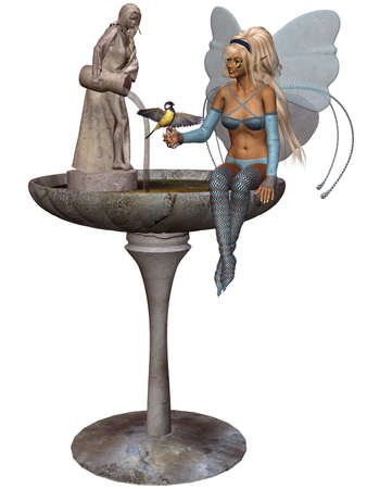 a fairy sitting on the fountain - isolated on whiteの写真素材