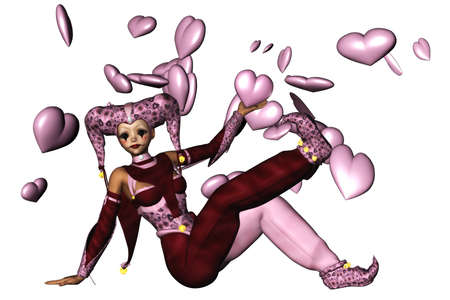 a Harlequin play with hearts - isolated on whiteの写真素材