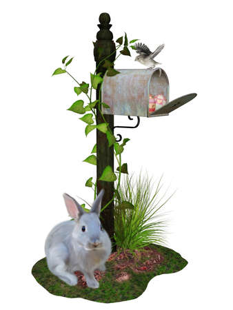 The Easter Bunny is sitting next to the postbox - isolated on whiteの写真素材