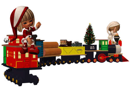 Christmas helper take the train - isolated on whiteの写真素材