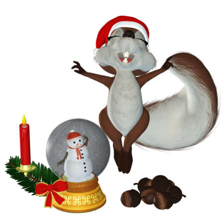a squirrel is happy about the Christmas gifts - isolated on whiteの写真素材