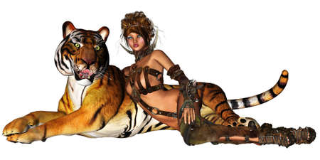 a beautiful lady with their tiger - isolated on whiteの写真素材